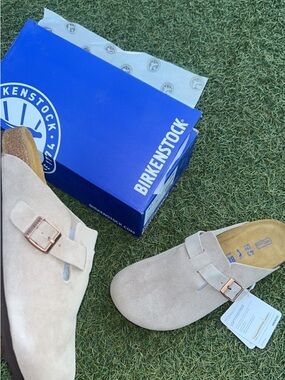 Birkenstock Beige Suede Boston Clogs with Rose Gold Buckles